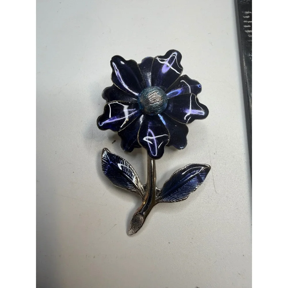 Purple Blue Enamel Flower Brooch Silver Tone Floral Pin 2 Inch